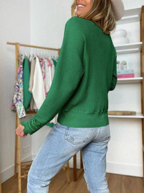 Solid Lace Trim V Neck Long Sleeve Top