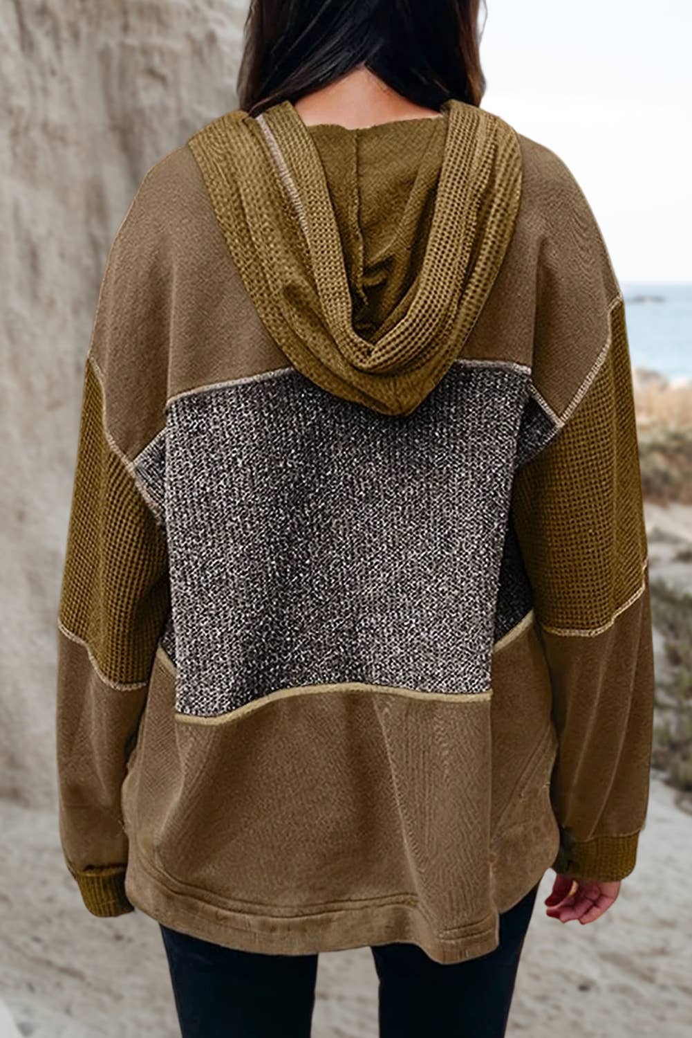 Waffle Exposed Seam Half Button Hooded Sweatshirt