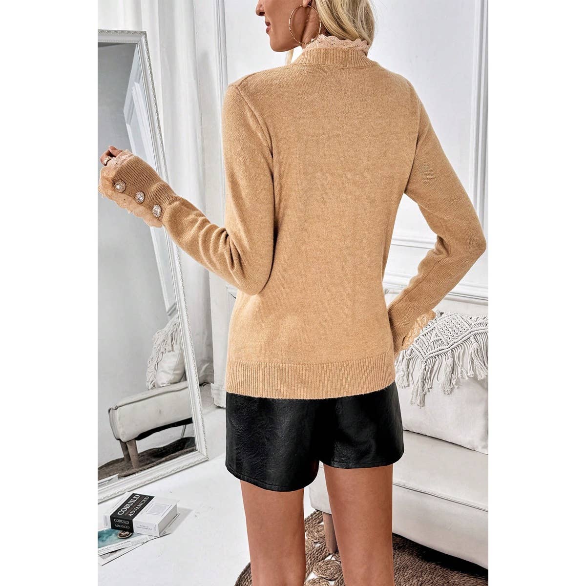 Solid Crew Neck Lace Trim Button Knit Sweater