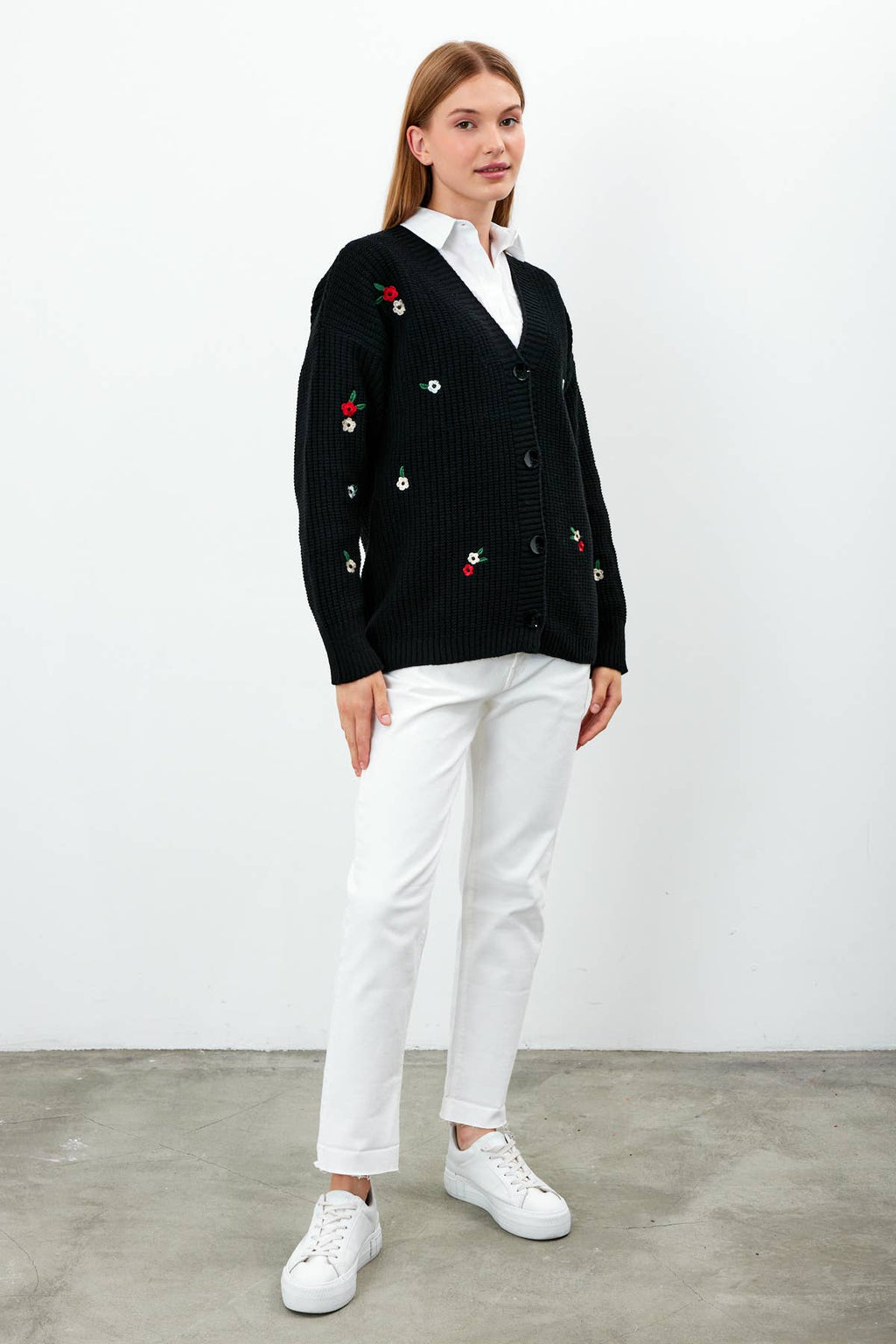 Knit Cardigan Flower Embroidered Solid Color Modest Cardigan