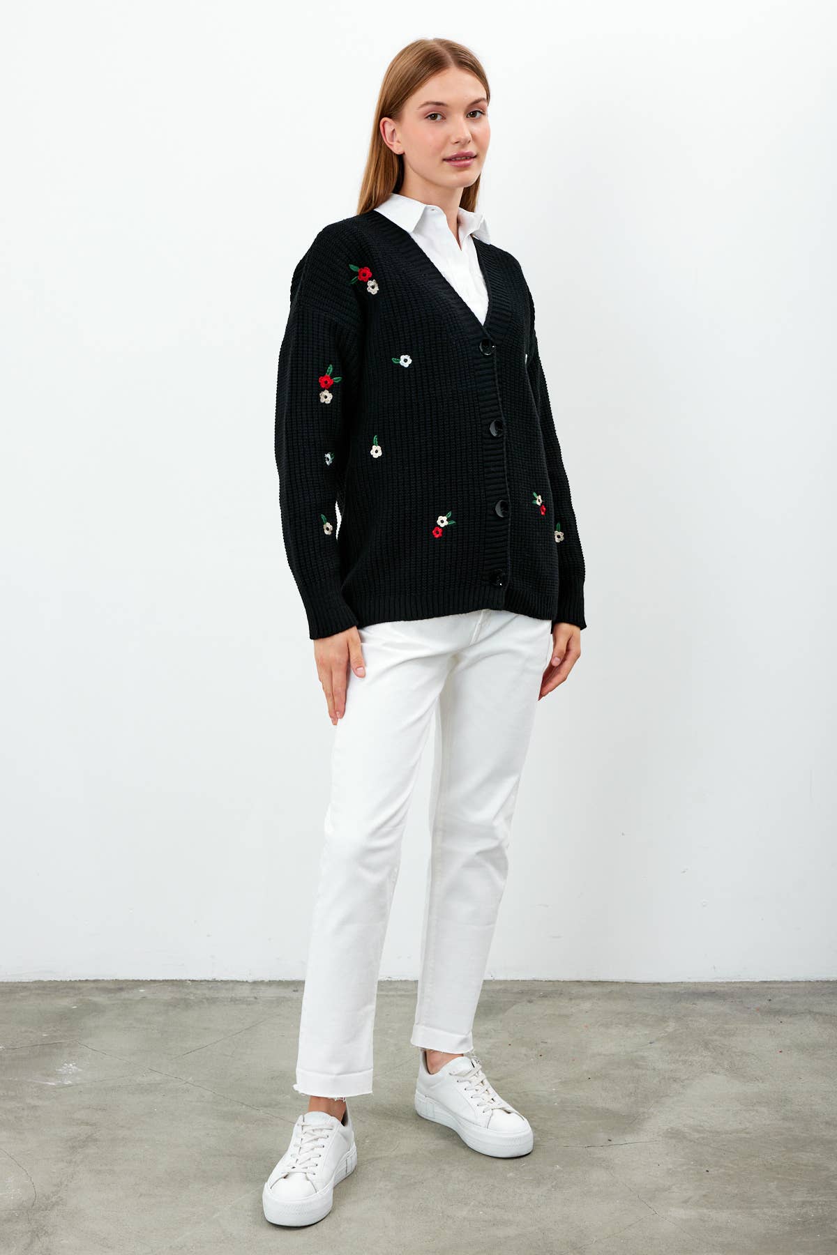 Knit Cardigan Flower Embroidered Solid Color Modest Cardigan