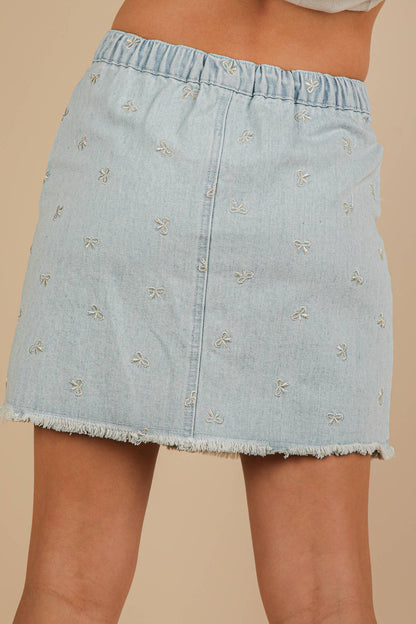 Bow Printed Casual Denim Mini Skirt