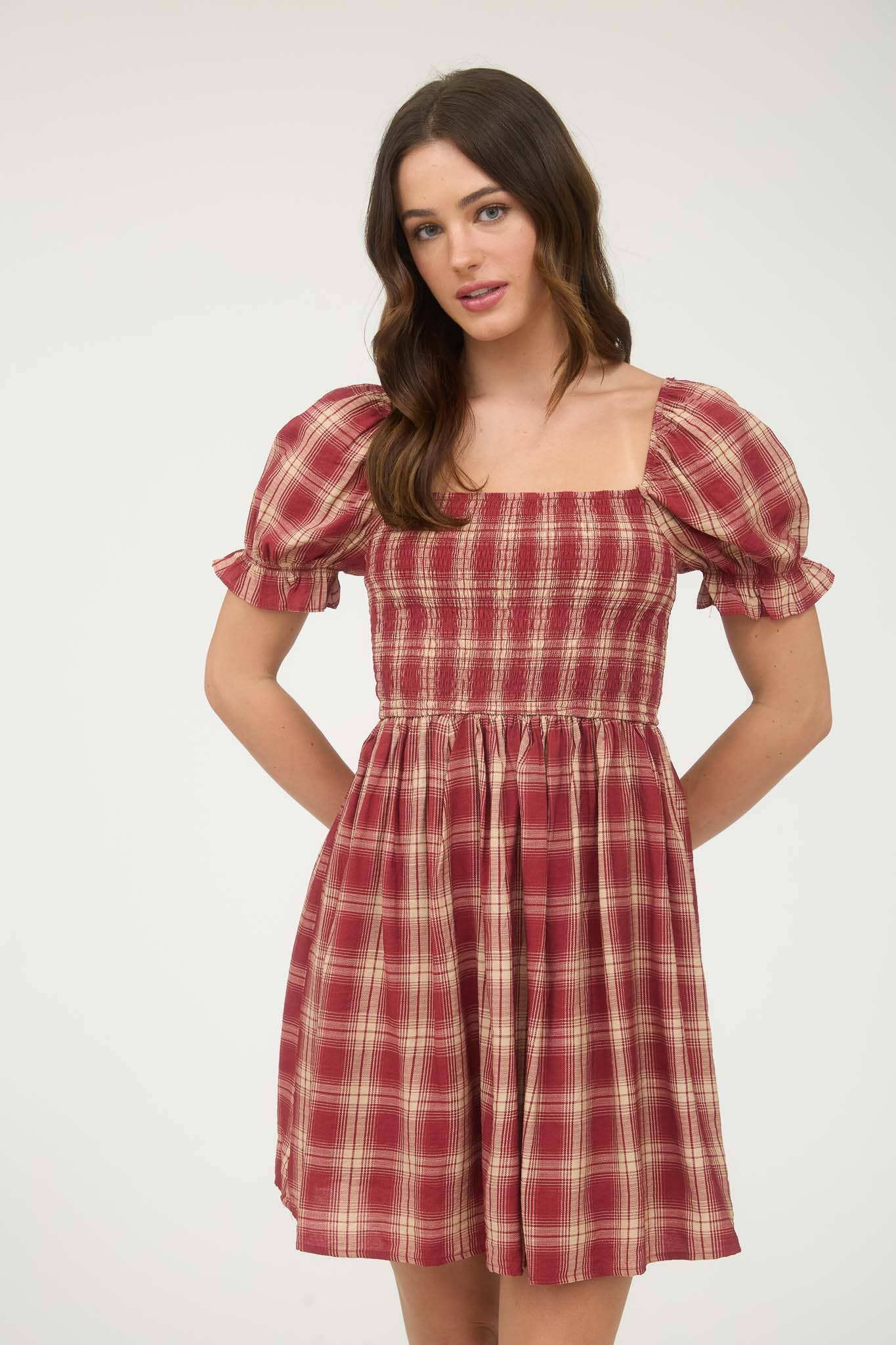 Plaid Smocked Puff Sleeve Mini Dress