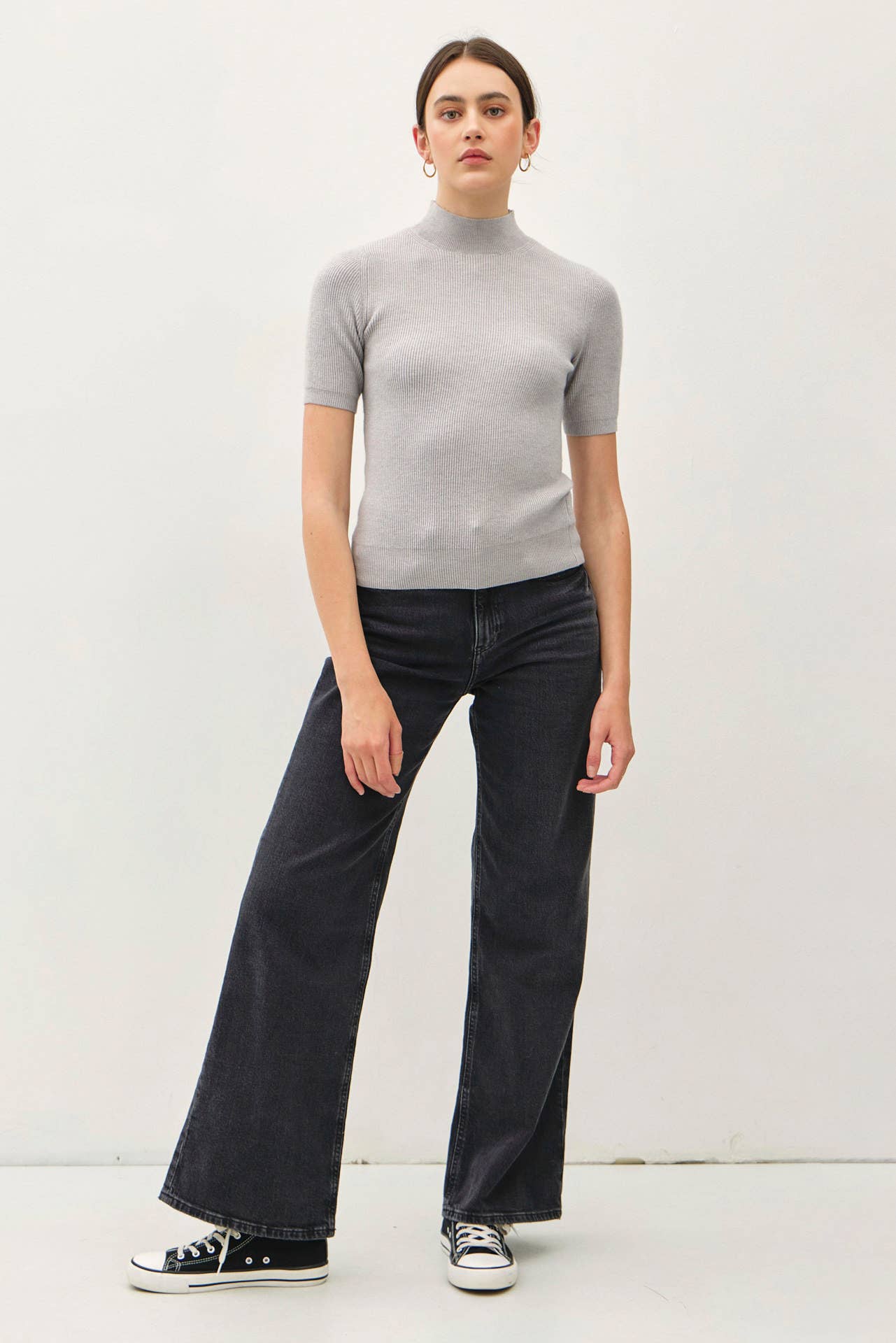 Mock Neck Short Sleeve Ribbed Knit Sweater