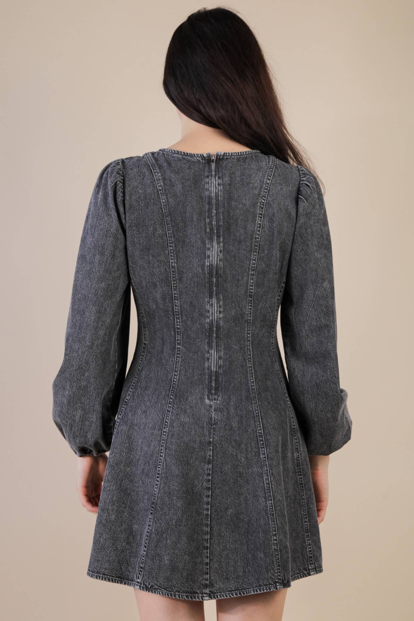 Mineral Washed Denim Seam Detail Mini Dress