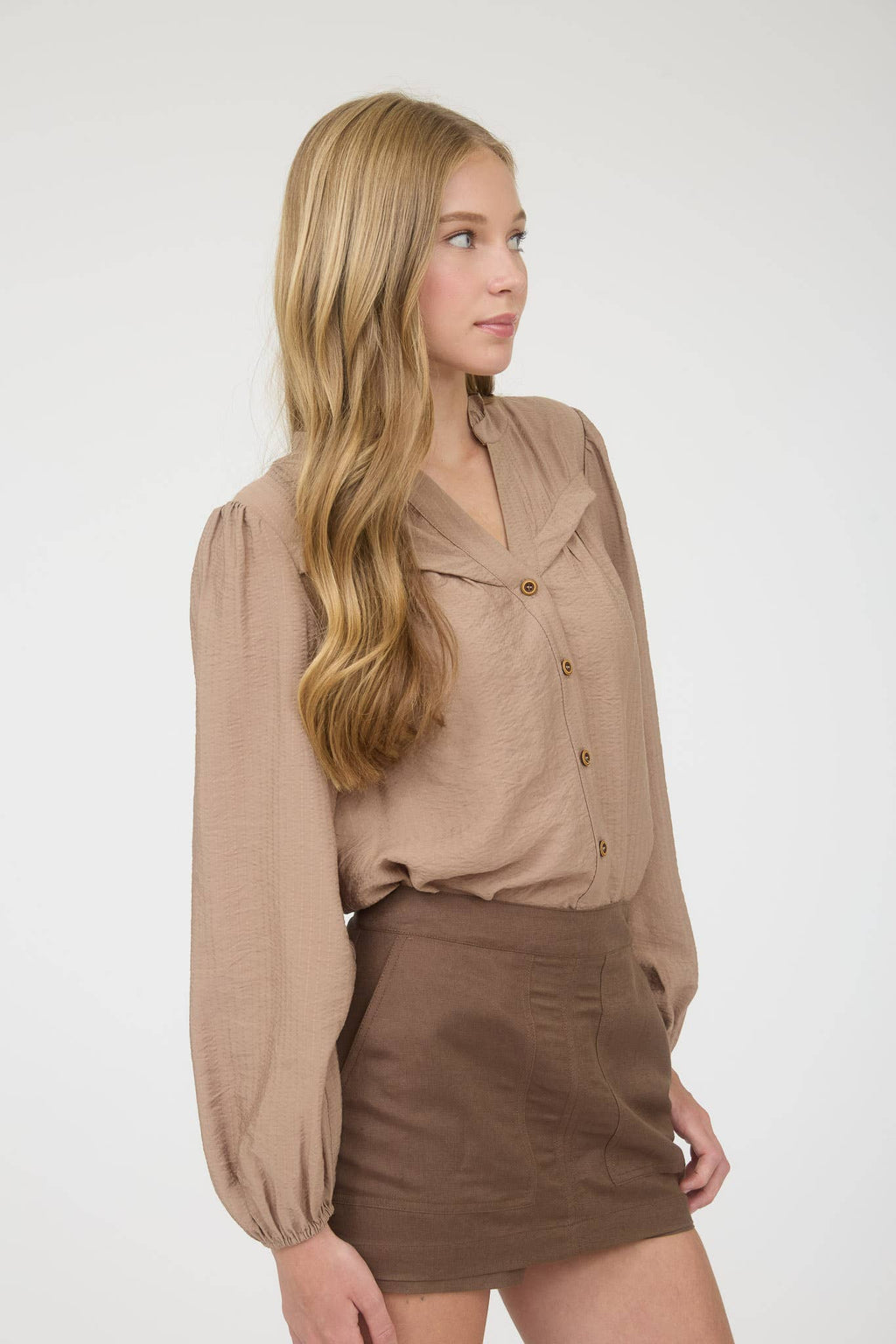 Ruffle Neck Button Down Long Sleeve Top