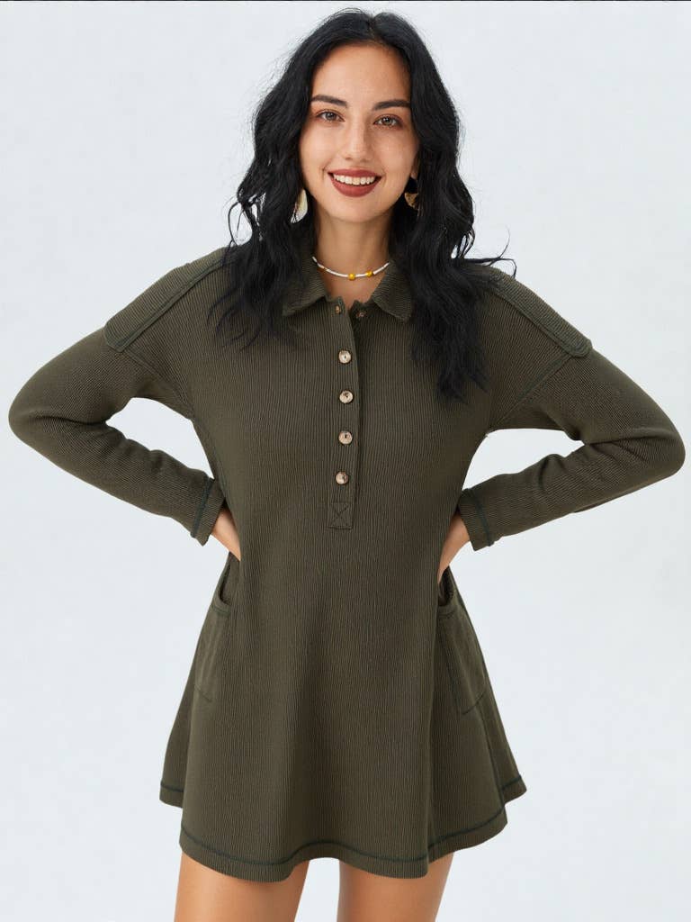 Casual Shirt Collared Knit Henley Mini Dress