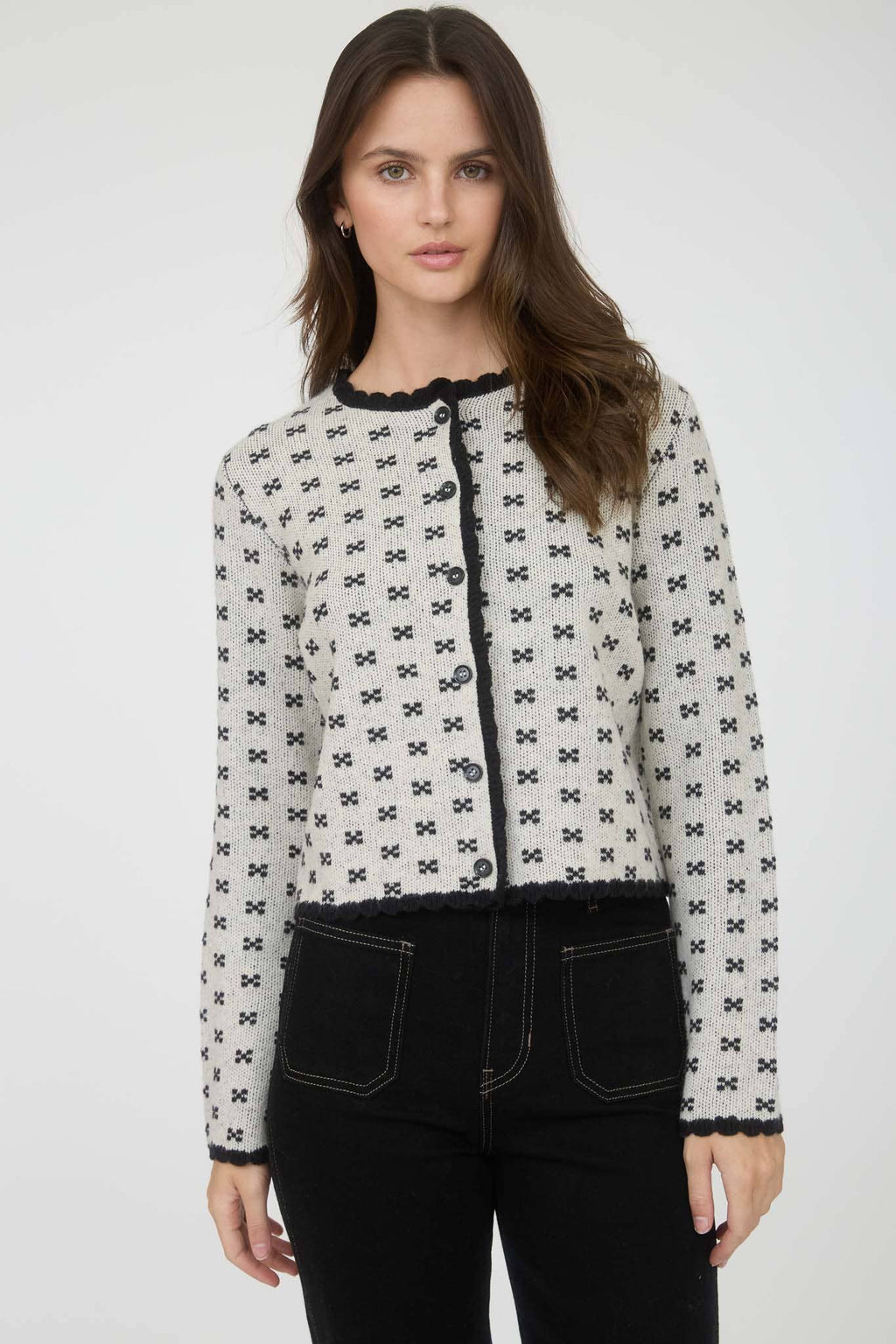 Scallop Trim Button Down Knit Cardigan