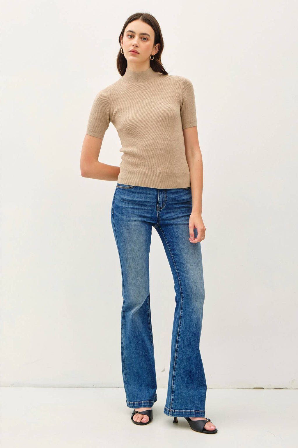 Mock Neck Short Sleeve Ribbed Knit Sweater