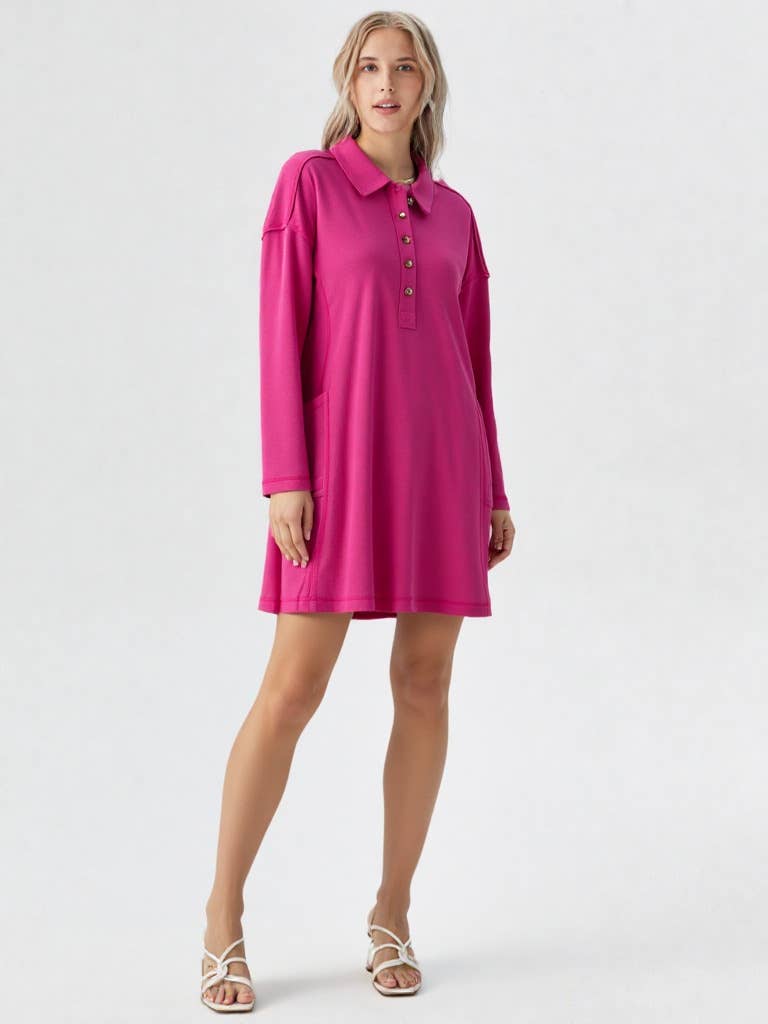Casual Shirt Collared Knit Henley Mini Dress