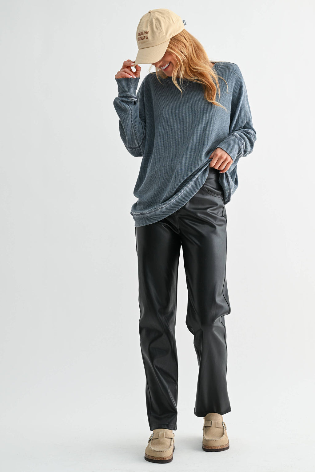 Waffle Ribbed Roundneck Pullover