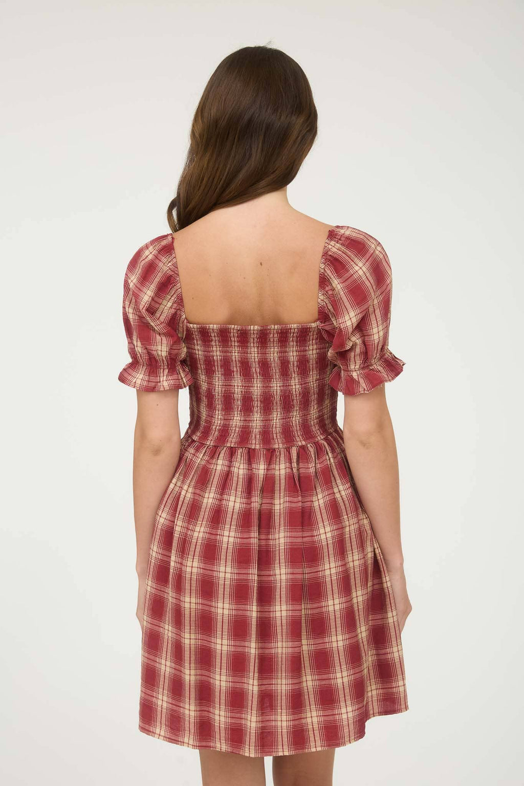 Plaid Smocked Puff Sleeve Mini Dress