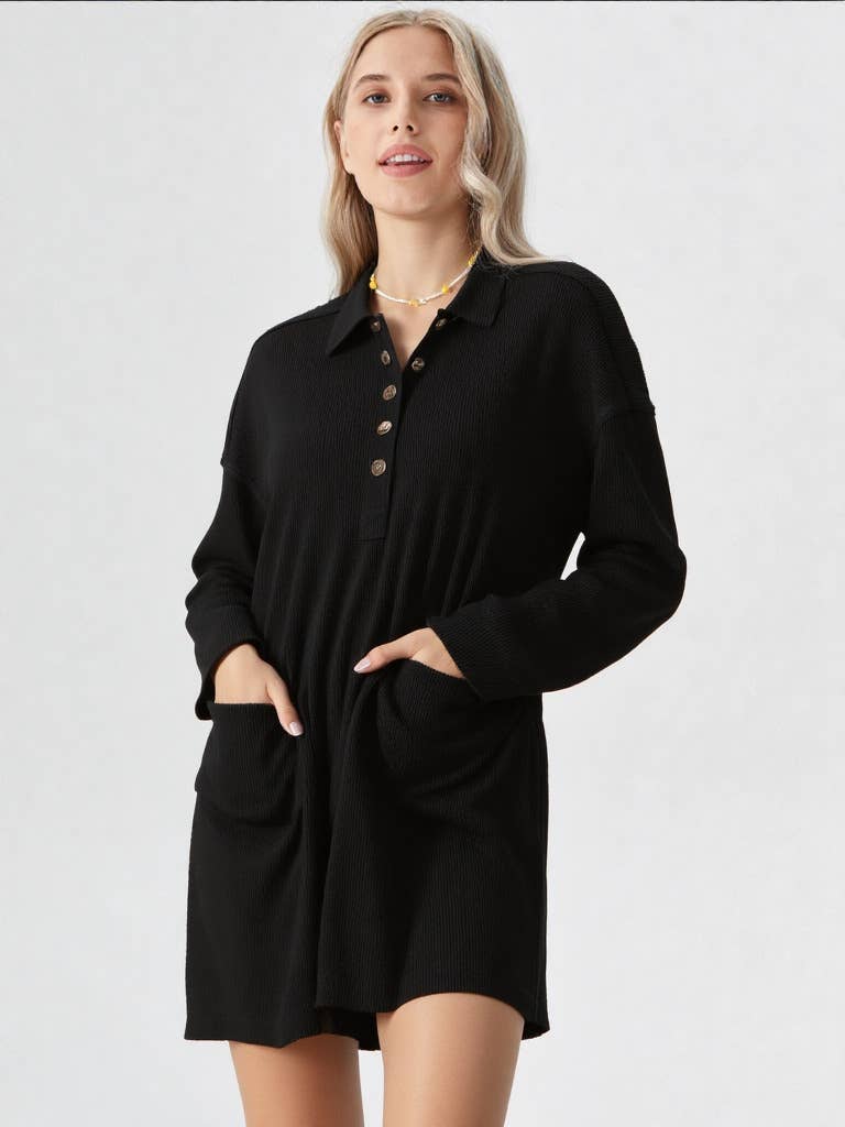 Casual Shirt Collared Knit Henley Mini Dress