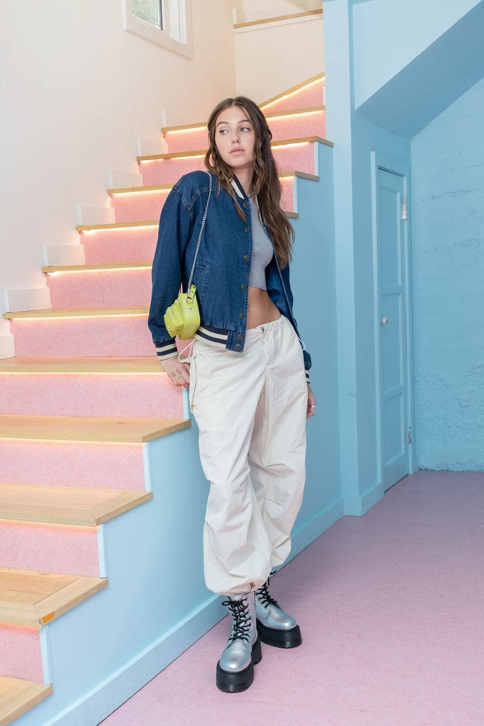 Denim Snap Button Bomber Jacket