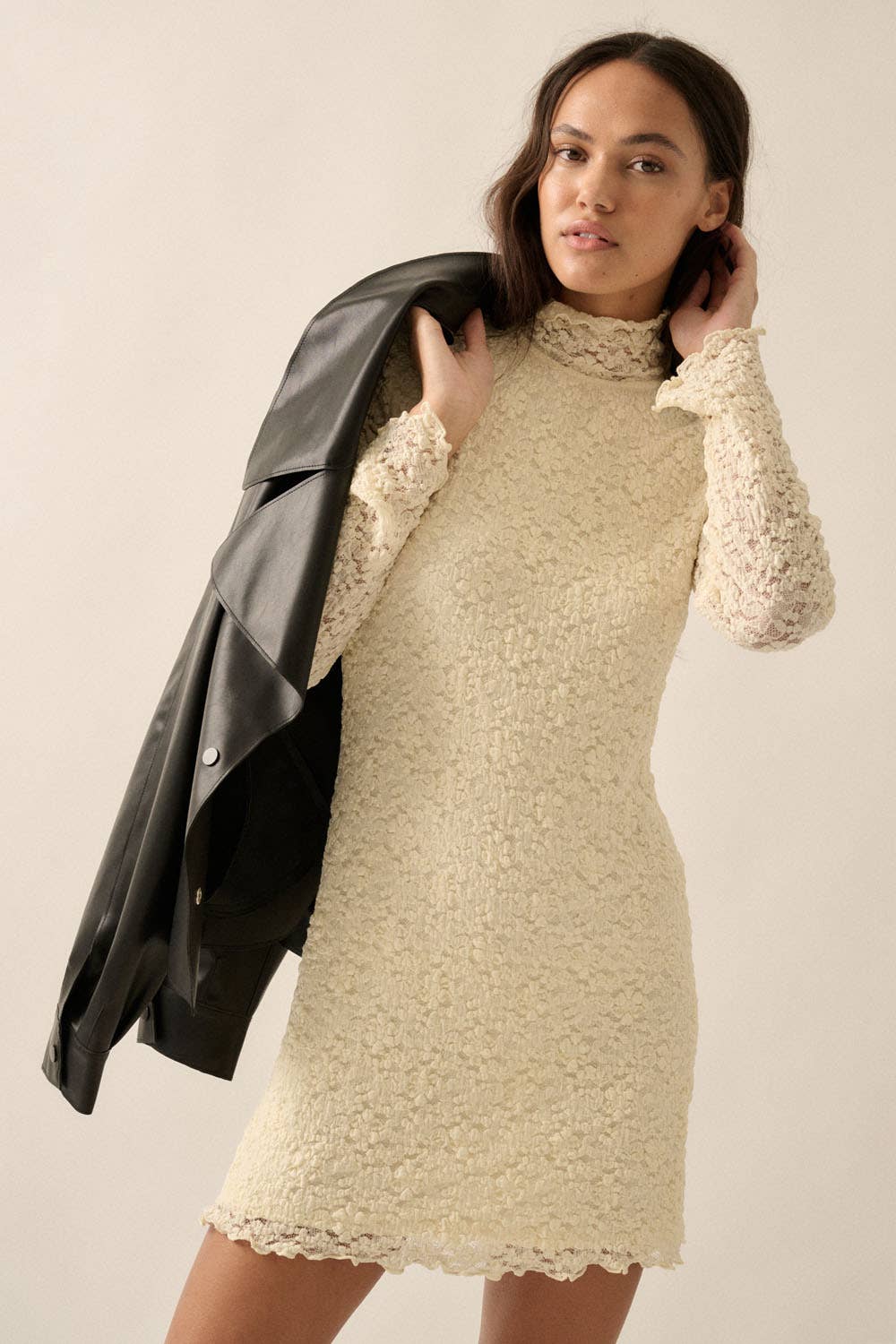 Floral Lace Mock-Neck Long-Sleeve Mini Dress