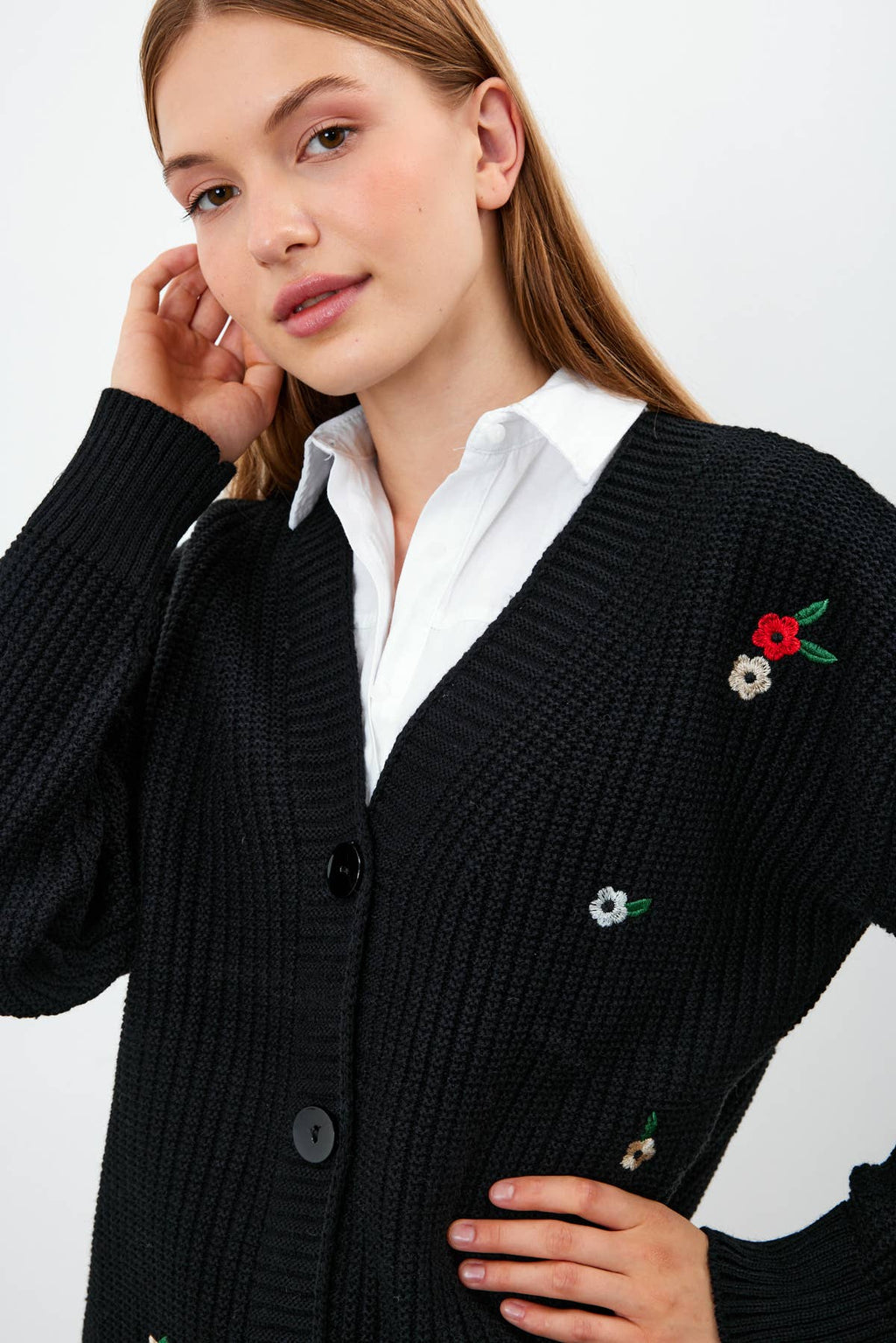 Knit Cardigan Flower Embroidered Solid Color Modest Cardigan