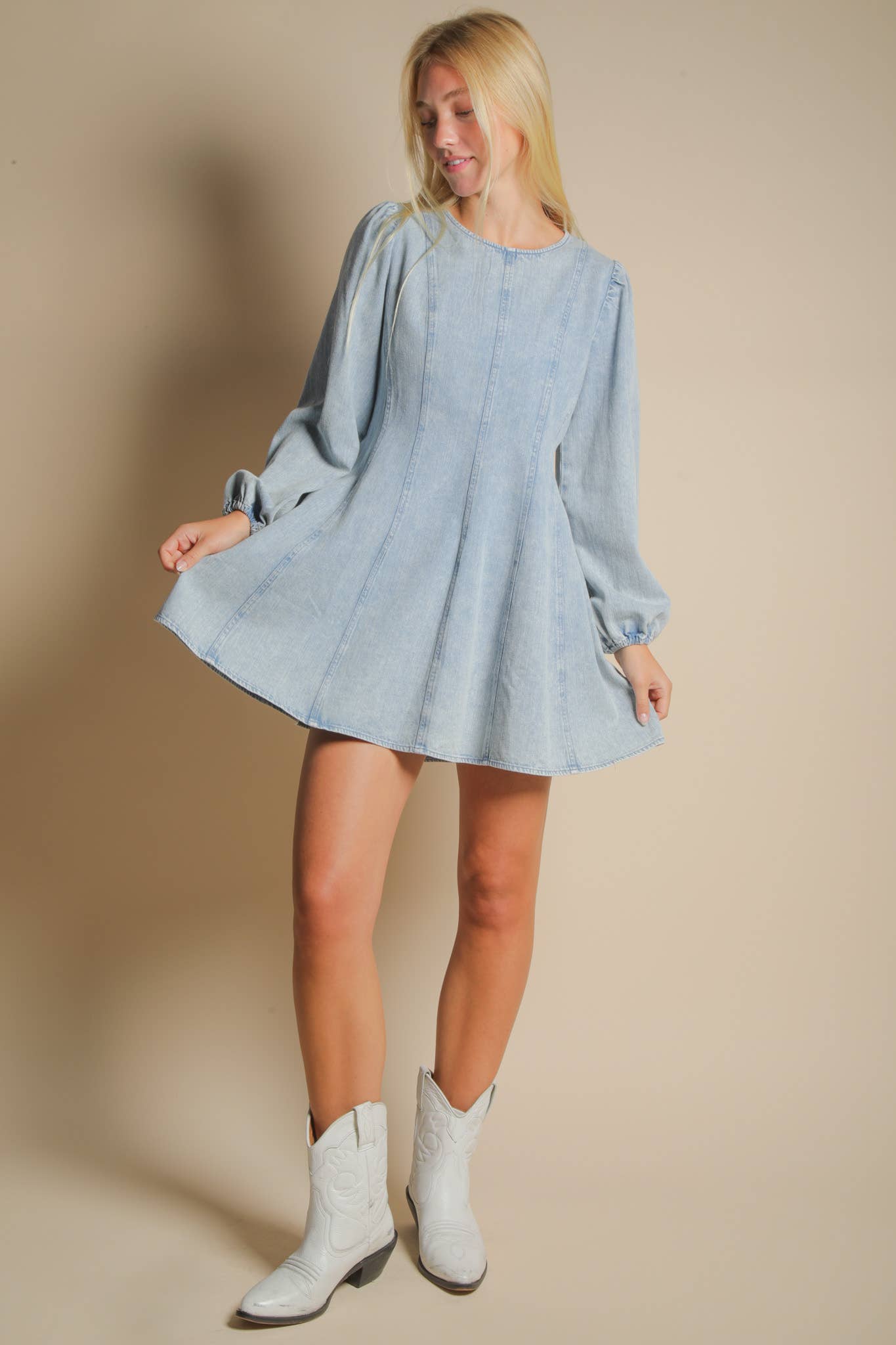 Mineral Washed Denim Seam Detail Mini Dress