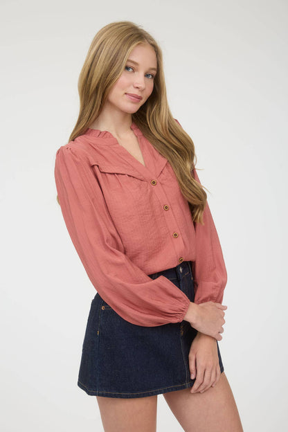 Ruffle Neck Button Down Long Sleeve Top