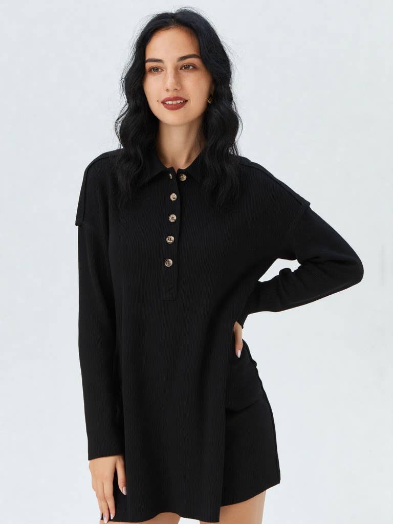 Casual Shirt Collared Knit Henley Mini Dress