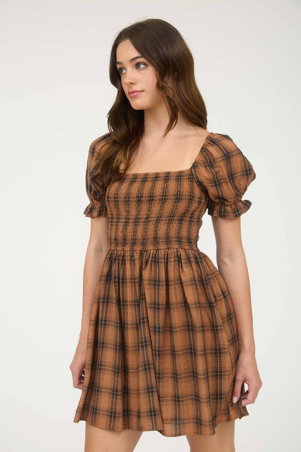 Plaid Smocked Puff Sleeve Mini Dress