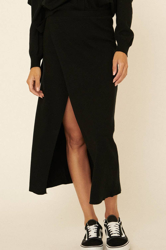 Solid Waist Tie Wrap Sweater Midi Skirt