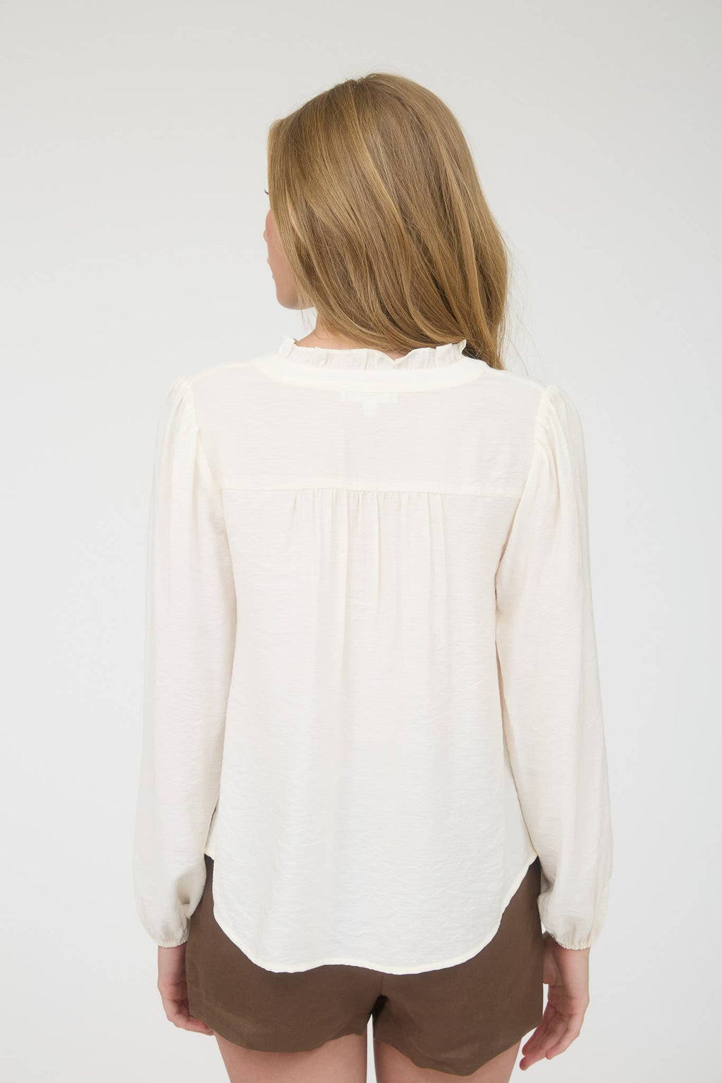 Ruffle Neck Button Down Long Sleeve Top