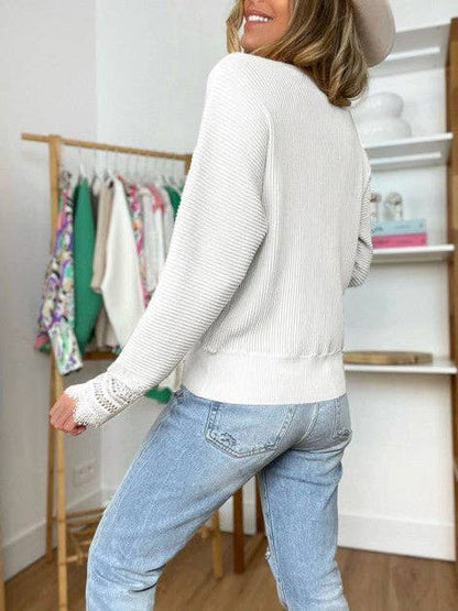 Solid Lace Trim V Neck Long Sleeve Top