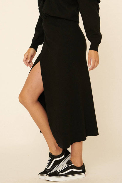Solid Waist Tie Wrap Sweater Midi Skirt