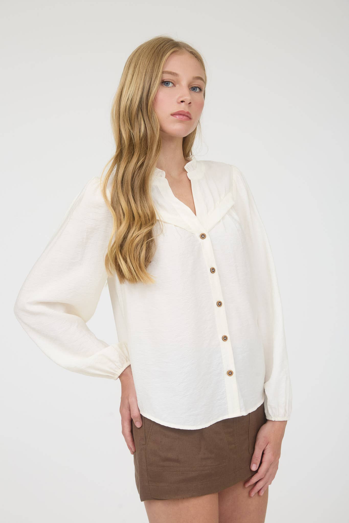 Ruffle Neck Button Down Long Sleeve Top