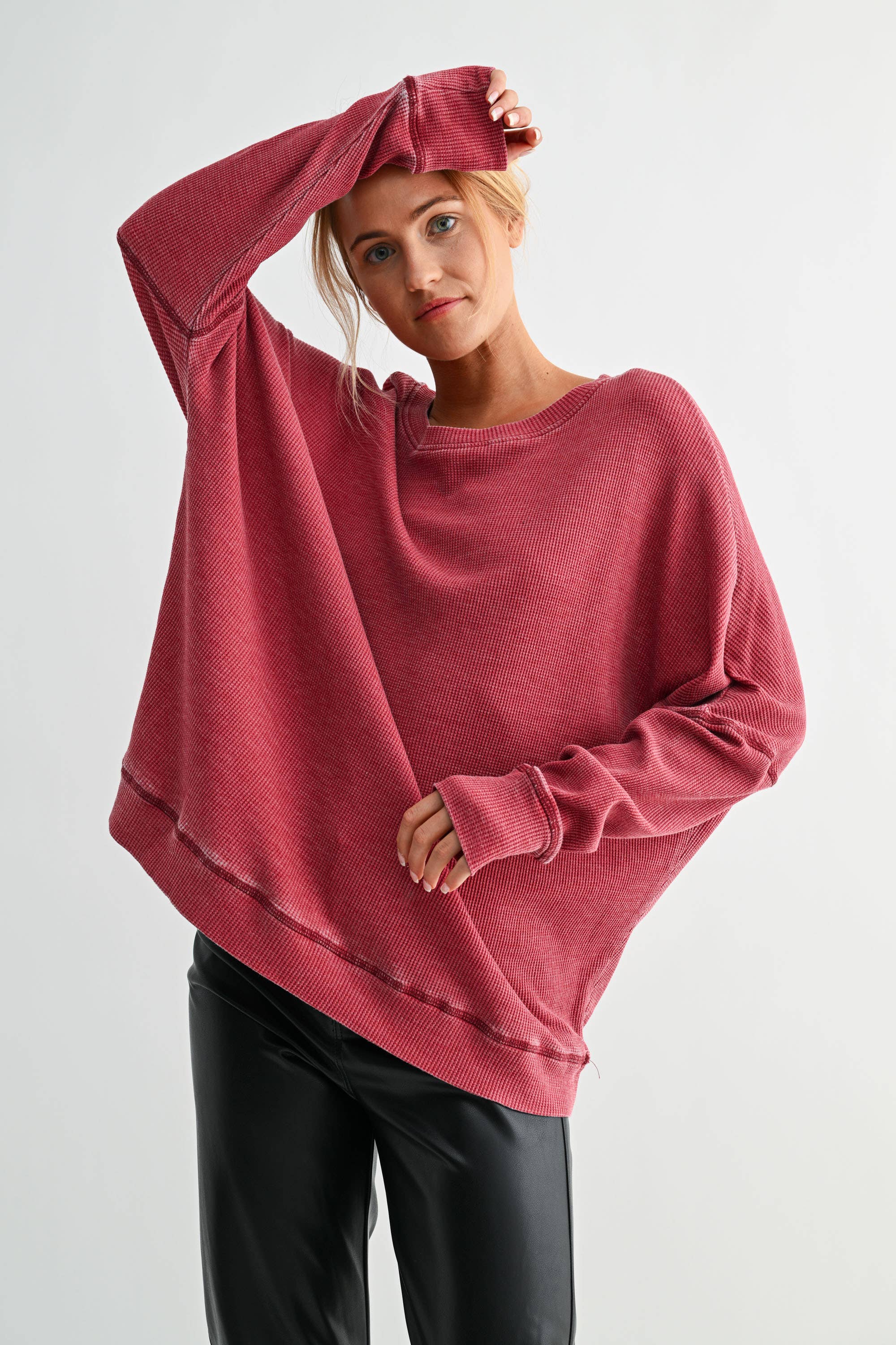 Waffle Ribbed Roundneck Pullover