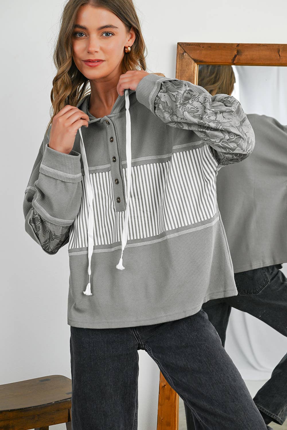 Waffle Striped & Abstract Print Buttoned Front Hoodie