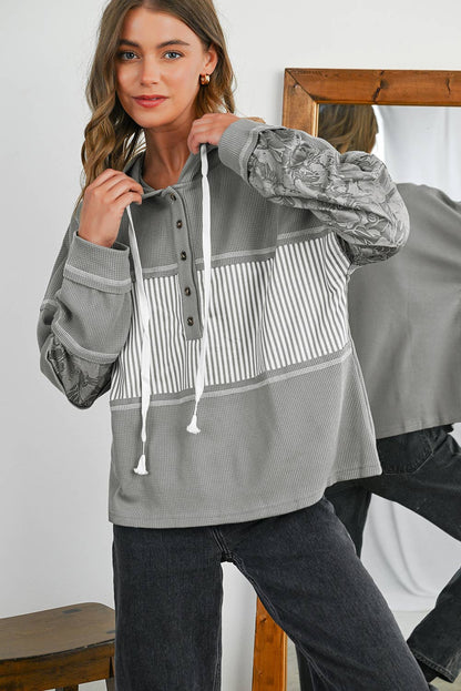 Waffle Striped & Abstract Print Buttoned Front Hoodie