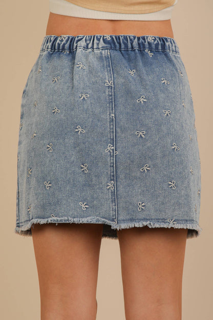 Bow Printed Casual Denim Mini Skirt