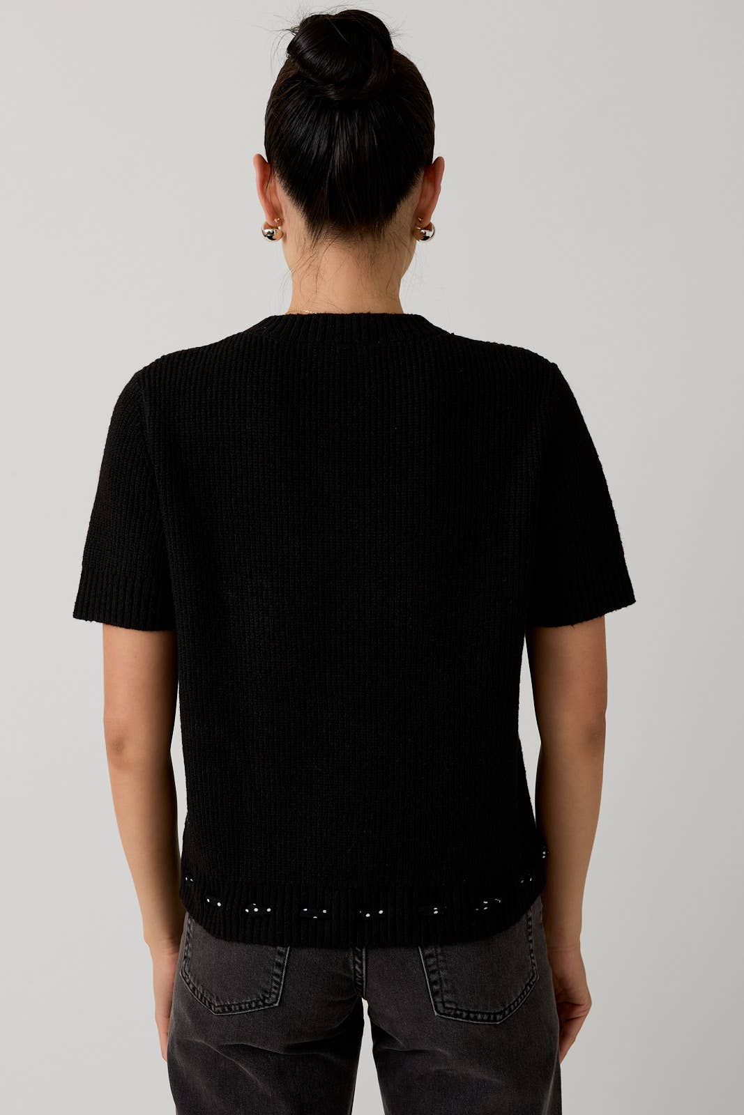 Round Neck Short Sleeve Waist Bow Tied Sweater