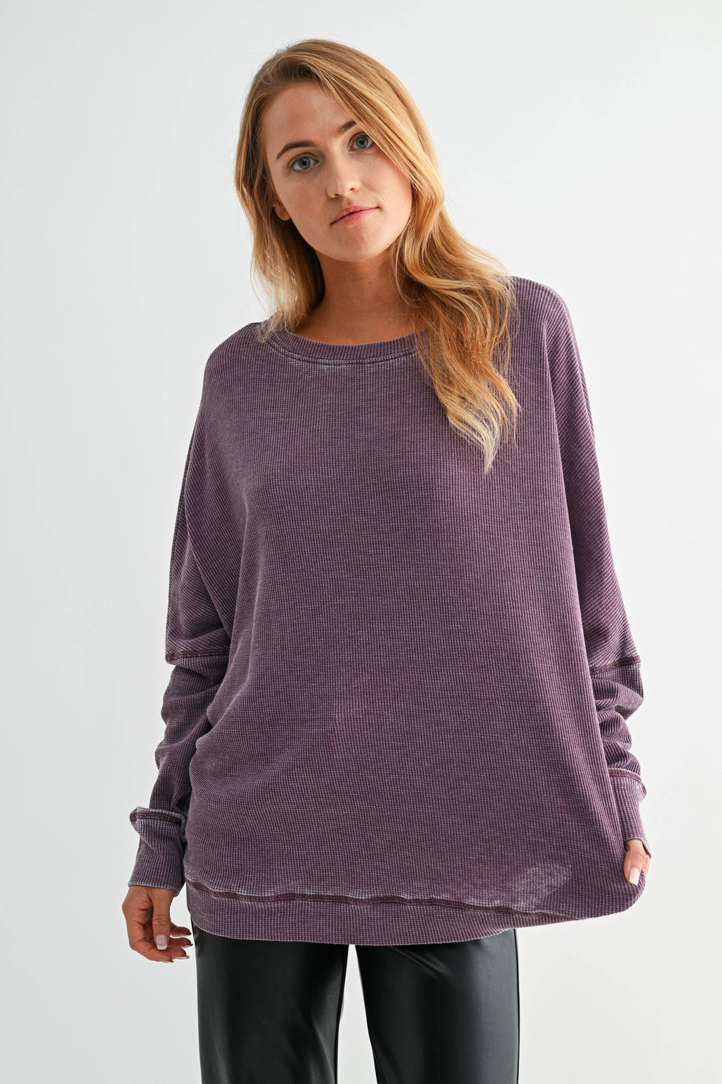 Waffle Ribbed Roundneck Pullover