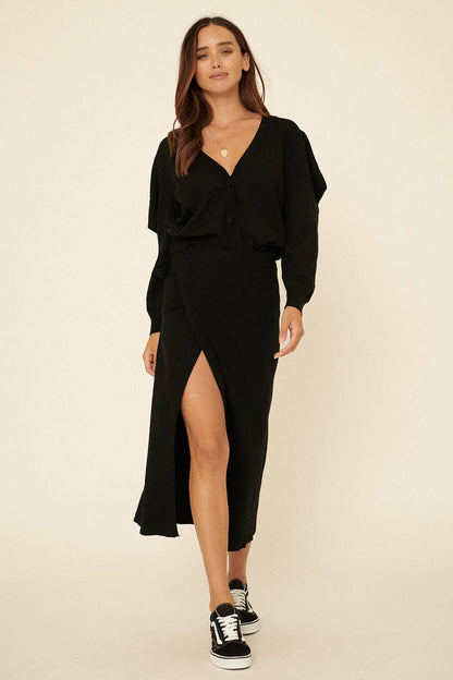 Solid Waist Tie Wrap Sweater Midi Skirt