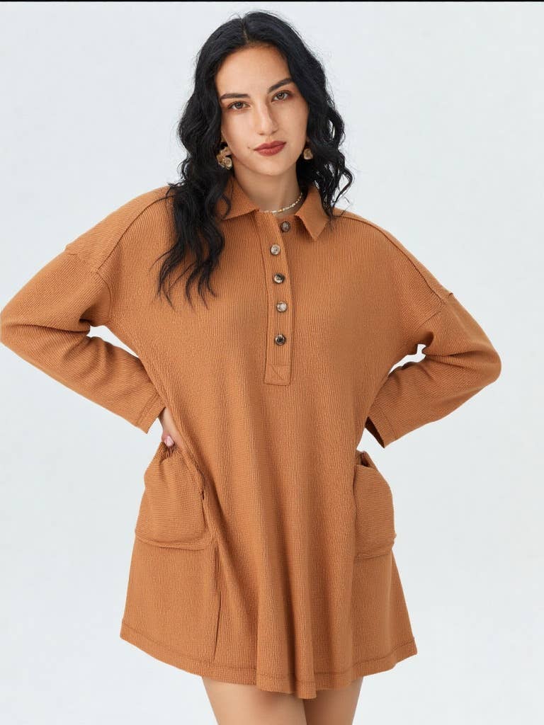 Casual Shirt Collared Knit Henley Mini Dress
