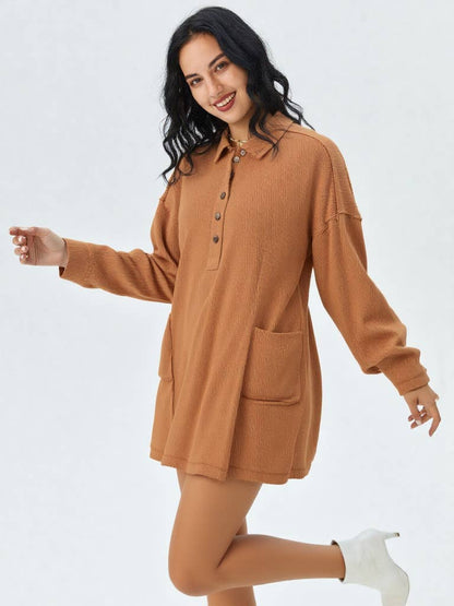 Casual Shirt Collared Knit Henley Mini Dress