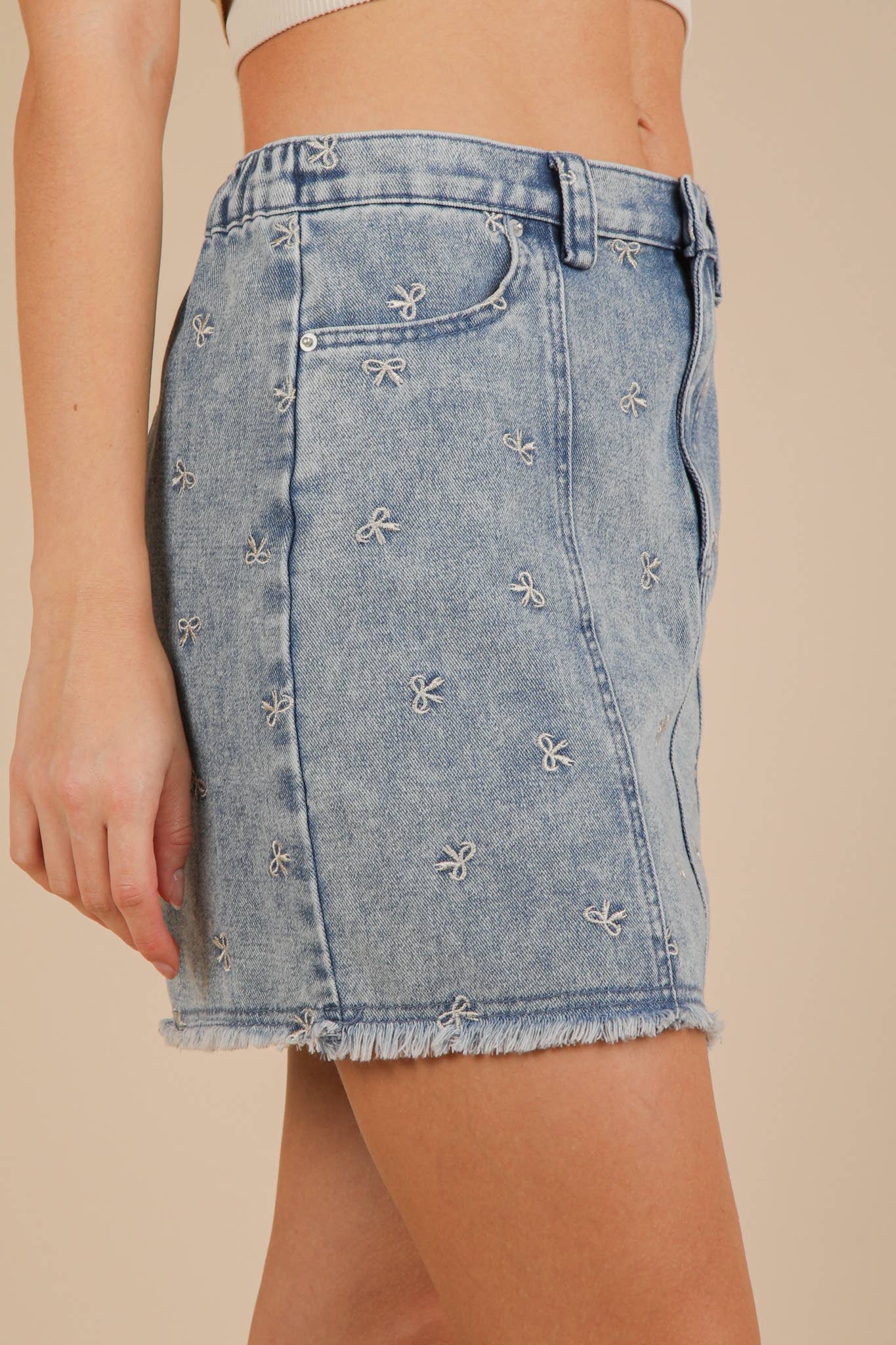 Bow Printed Casual Denim Mini Skirt
