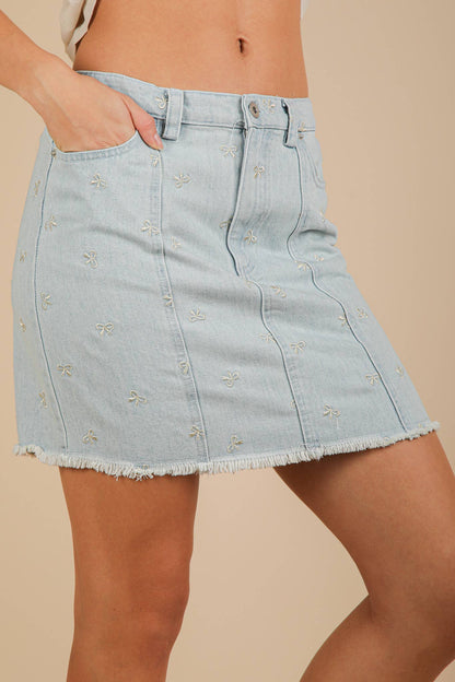 Bow Printed Casual Denim Mini Skirt