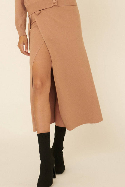 Solid Waist Tie Wrap Sweater Midi Skirt