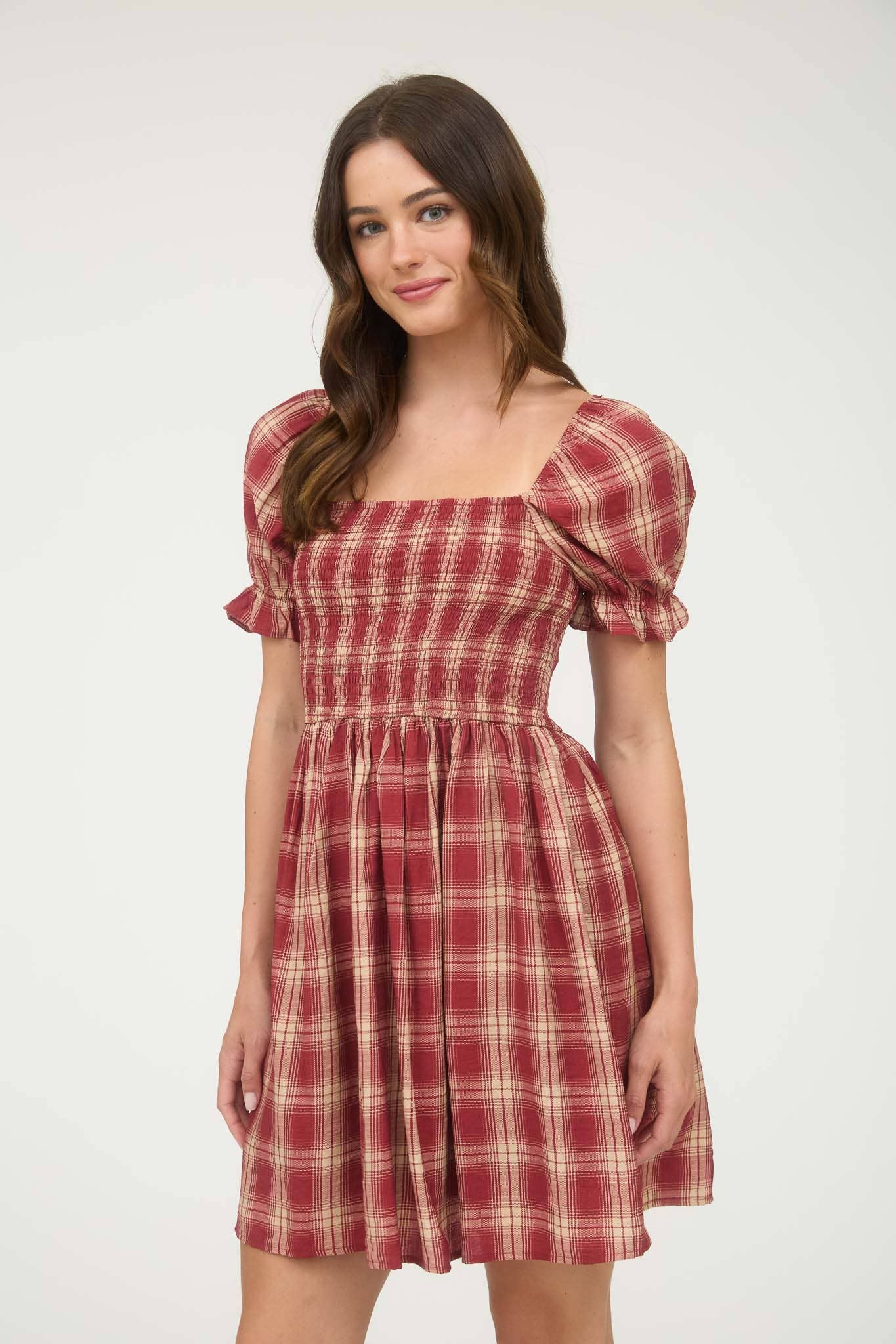 Plaid Smocked Puff Sleeve Mini Dress