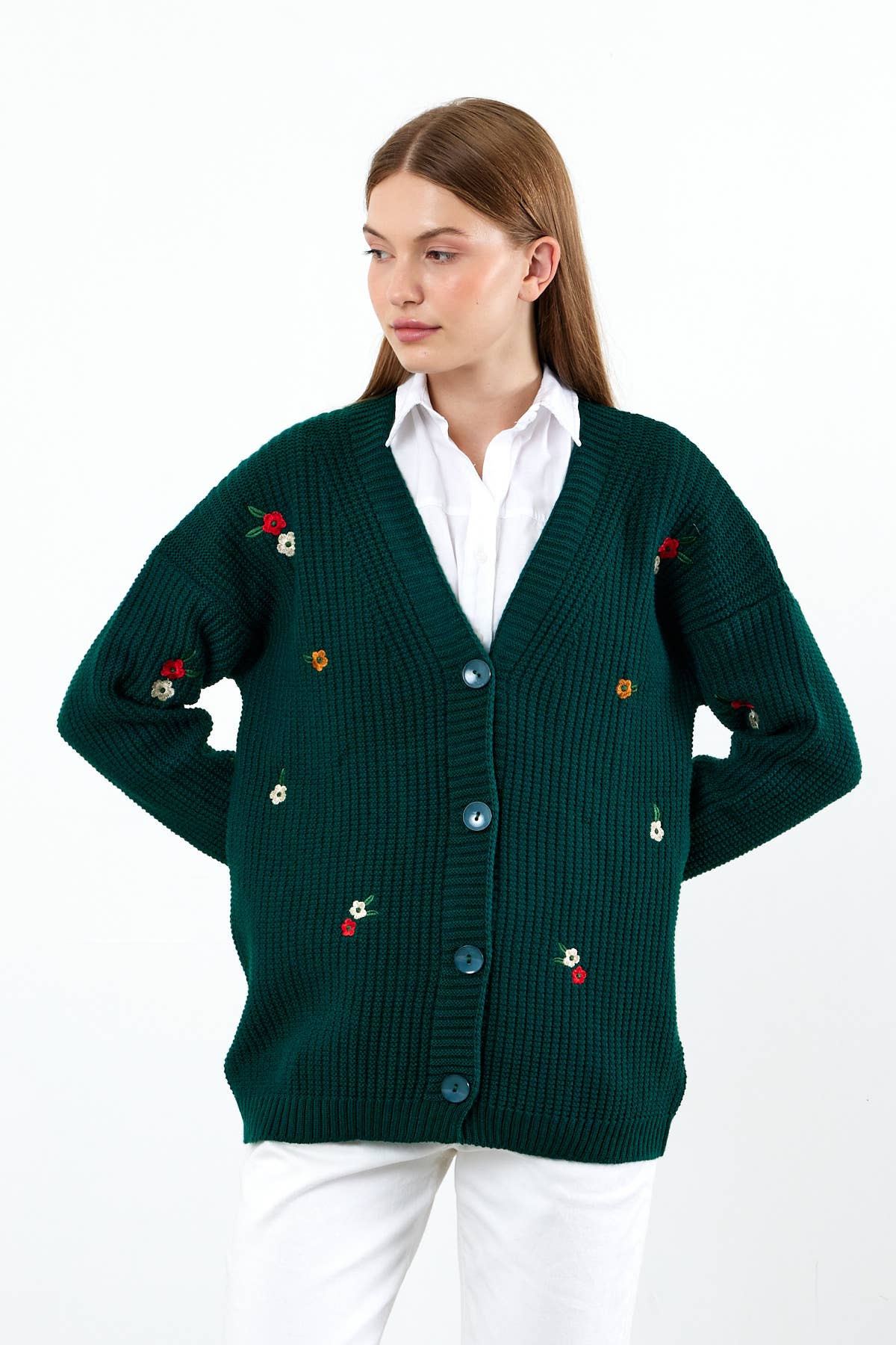 Knit Cardigan Flower Embroidered Solid Color Modest Cardigan