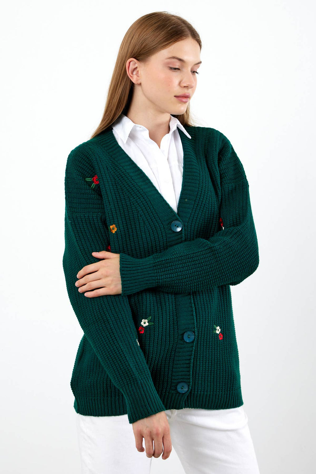 Knit Cardigan Flower Embroidered Solid Color Modest Cardigan