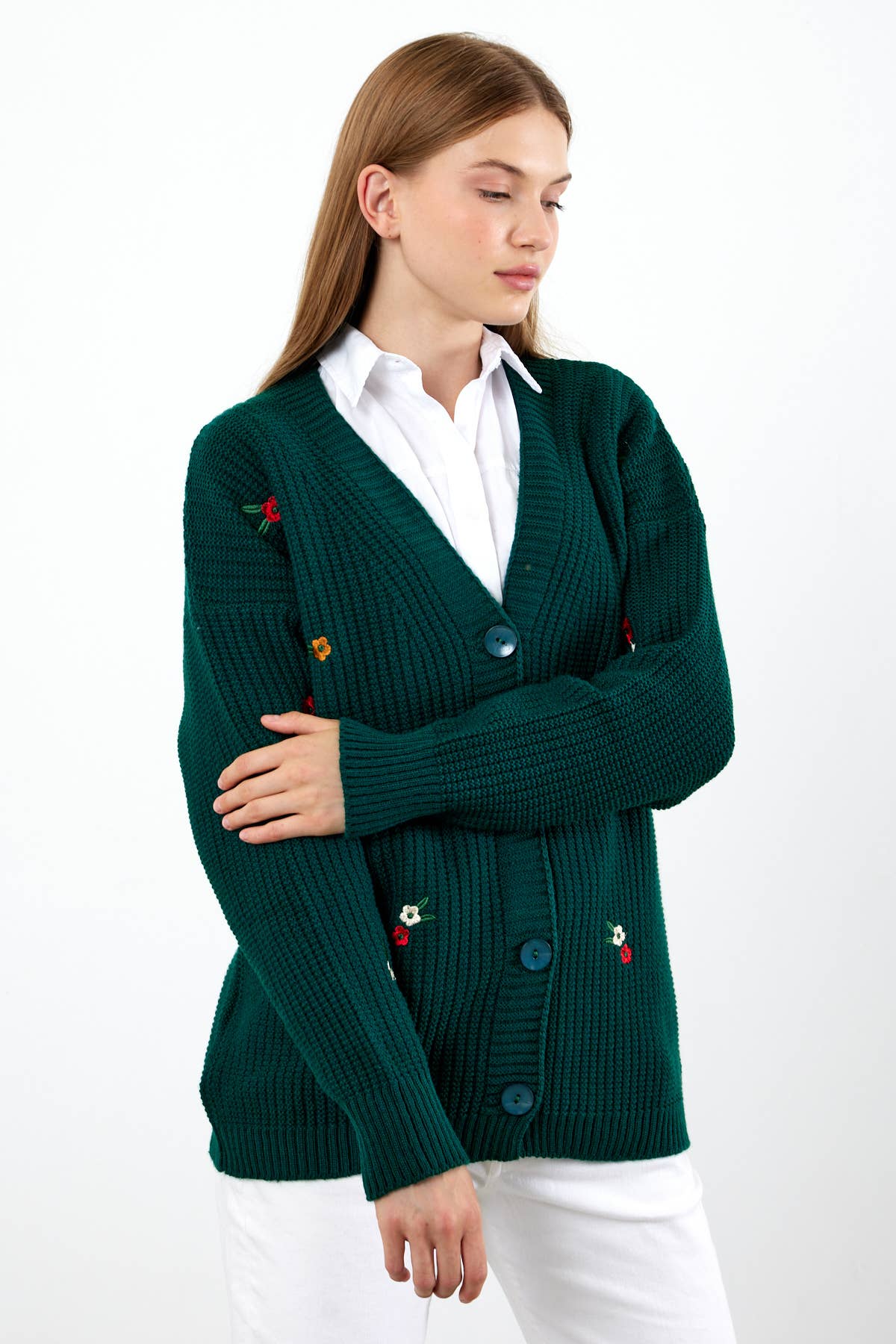 Knit Cardigan Flower Embroidered Solid Color Modest Cardigan