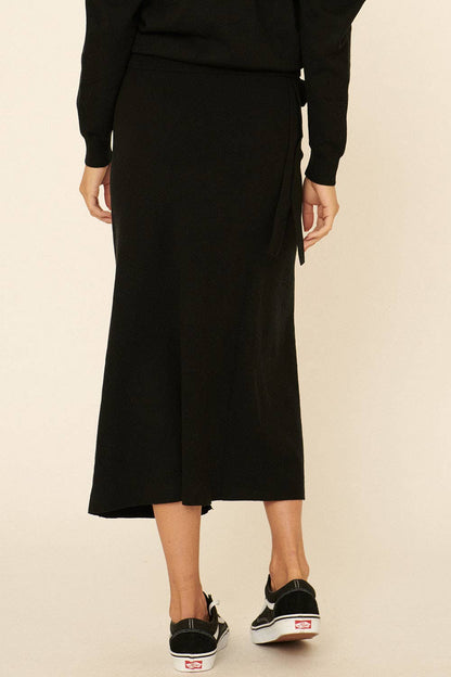 Solid Waist Tie Wrap Sweater Midi Skirt