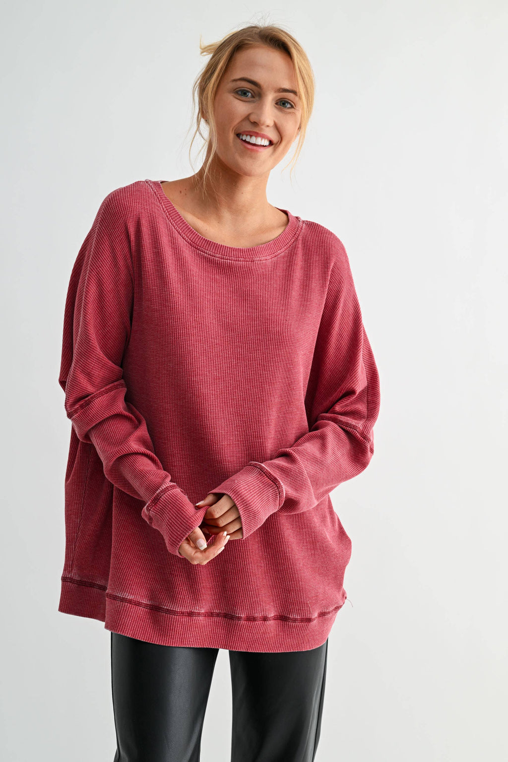 Waffle Ribbed Roundneck Pullover