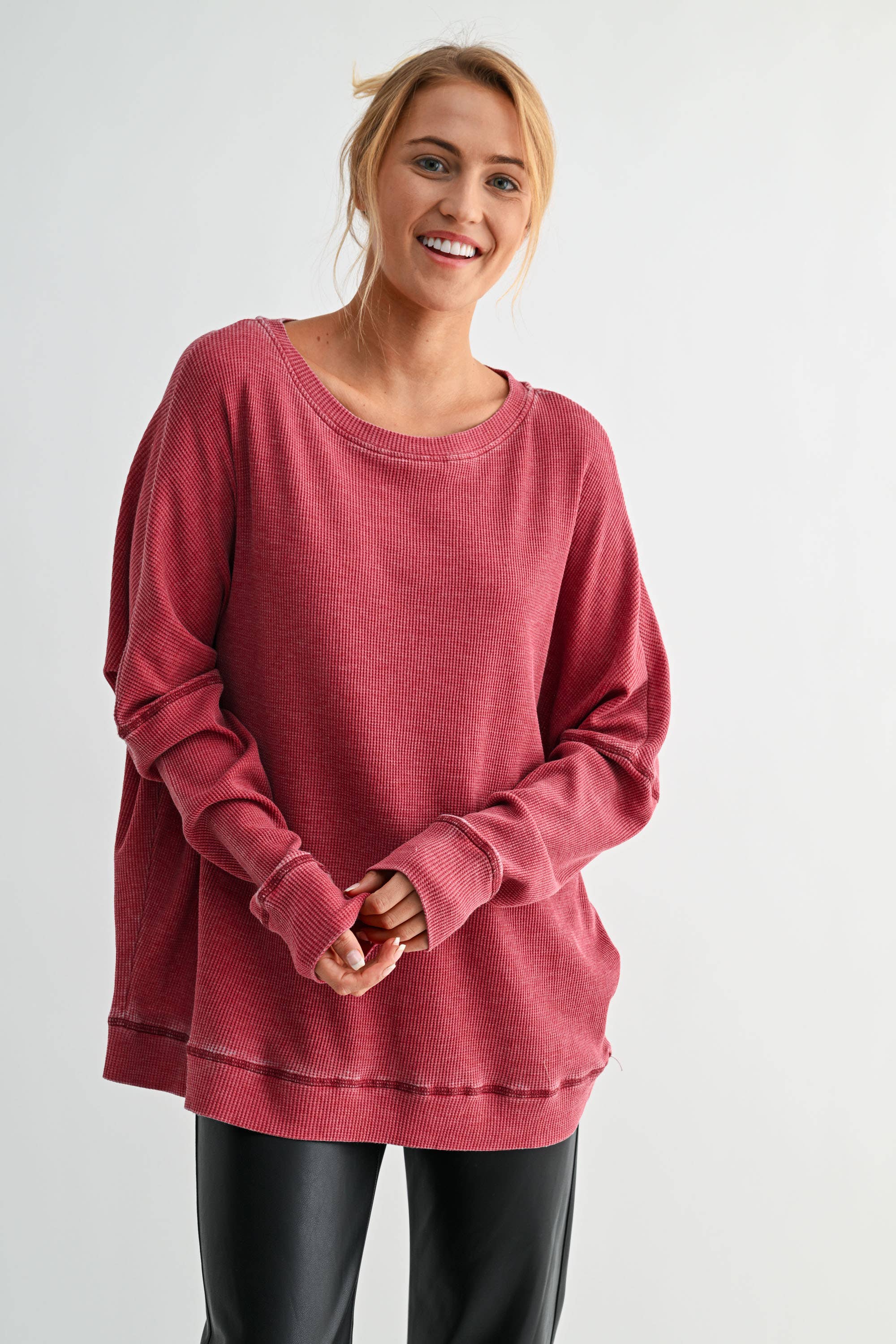 Waffle Ribbed Roundneck Pullover