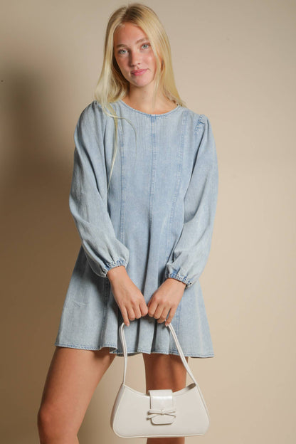 Mineral Washed Denim Seam Detail Mini Dress