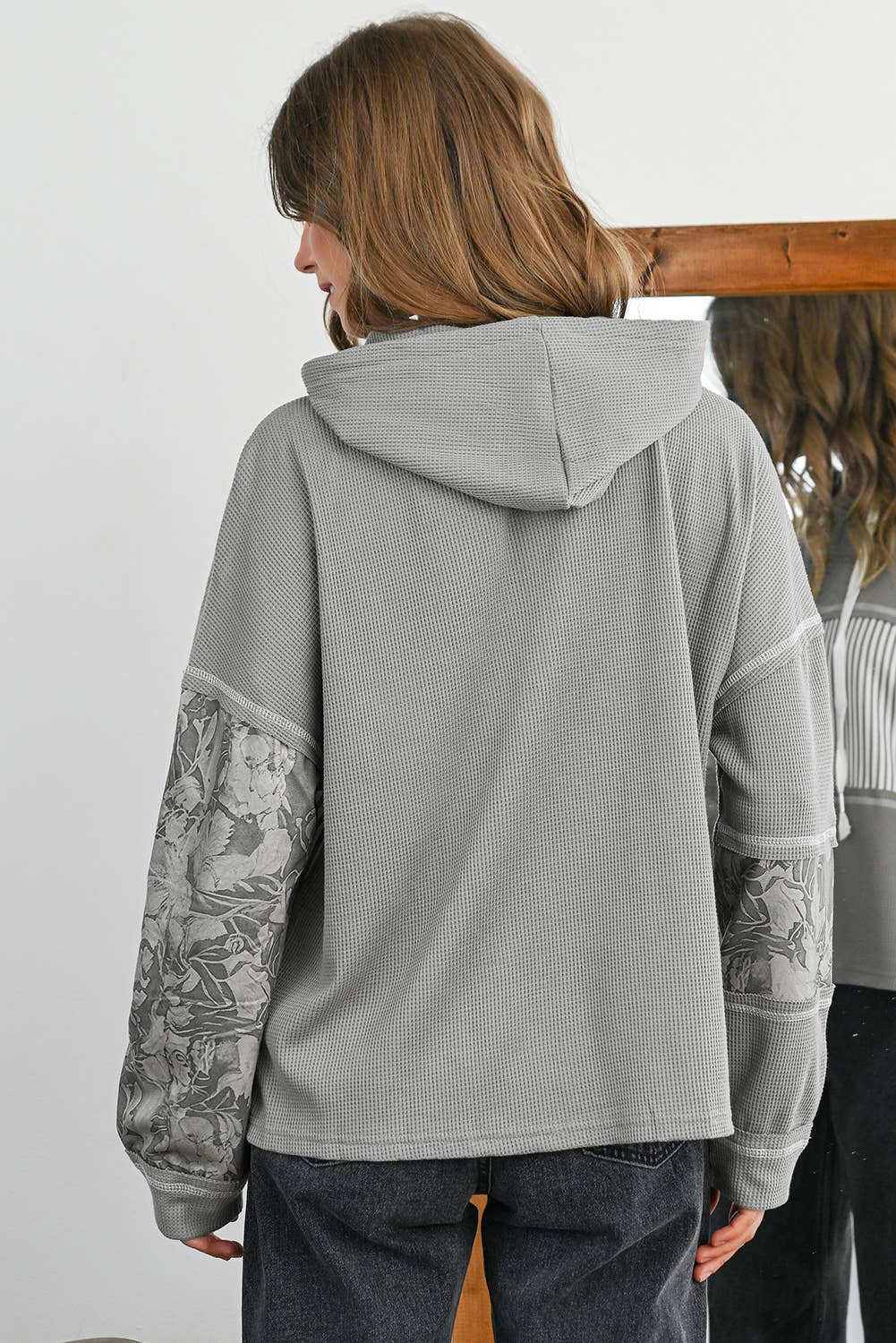 Waffle Striped & Abstract Print Buttoned Front Hoodie